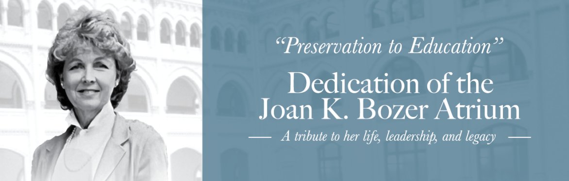 A portrait of Joan Bozer and a banner with the title of this event
