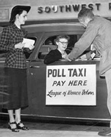 old-timey car with a League of Women Voters 'poll taxi' sign