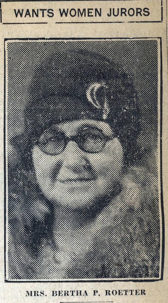 A newspaper clipping shows a very 1930s-looking bemused and bespectacled League lady with a nice hat with the headline, 'Wants Women Jurors'