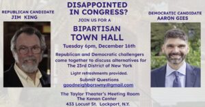 Bipartisan Town Hall flyer with photos of Republican candidate Jim King and Democratic candidate Aaron Gies, event details, and contact information.