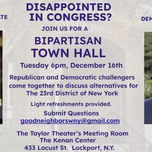 Bipartisan Town Hall flyer with photos of Republican candidate Jim King and Democratic candidate Aaron Gies, event details, and contact information.