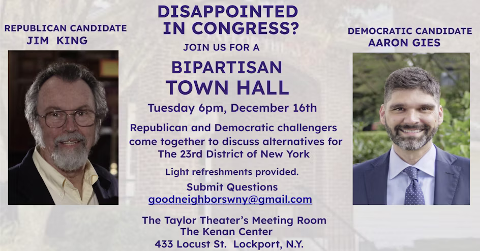 Bipartisan Town Hall flyer with photos of Republican candidate Jim King and Democratic candidate Aaron Gies, event details, and contact information.