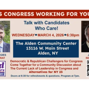 Event flyer for a candidate forum on March 4, 2026, at 6:30pm at Alden Community Center, Alden, NY, featuring Aaron Gies (Democrat) and Jim King (Republican).