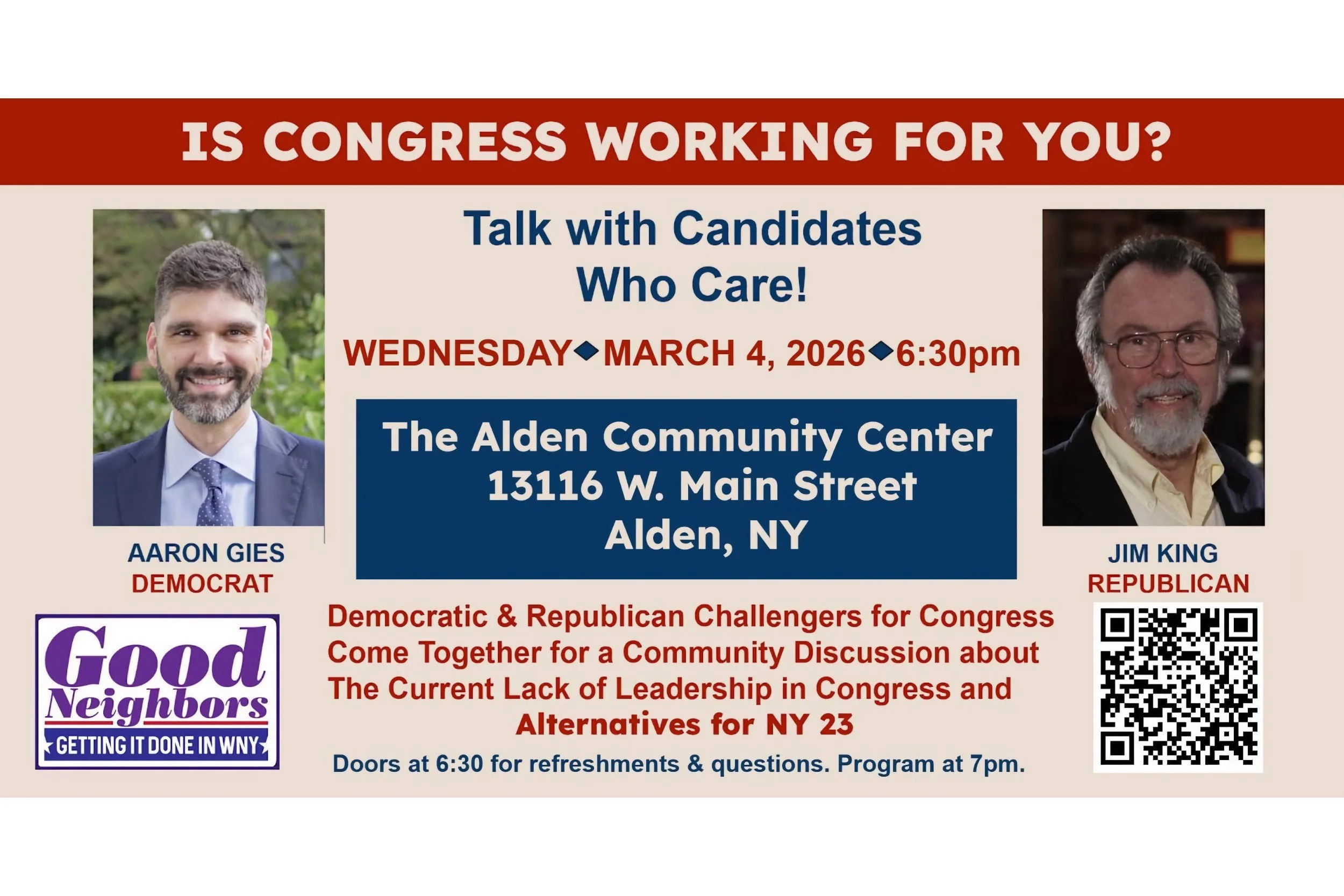 Event flyer for a candidate forum on March 4, 2026, at 6:30pm at Alden Community Center, Alden, NY, featuring Aaron Gies (Democrat) and Jim King (Republican).