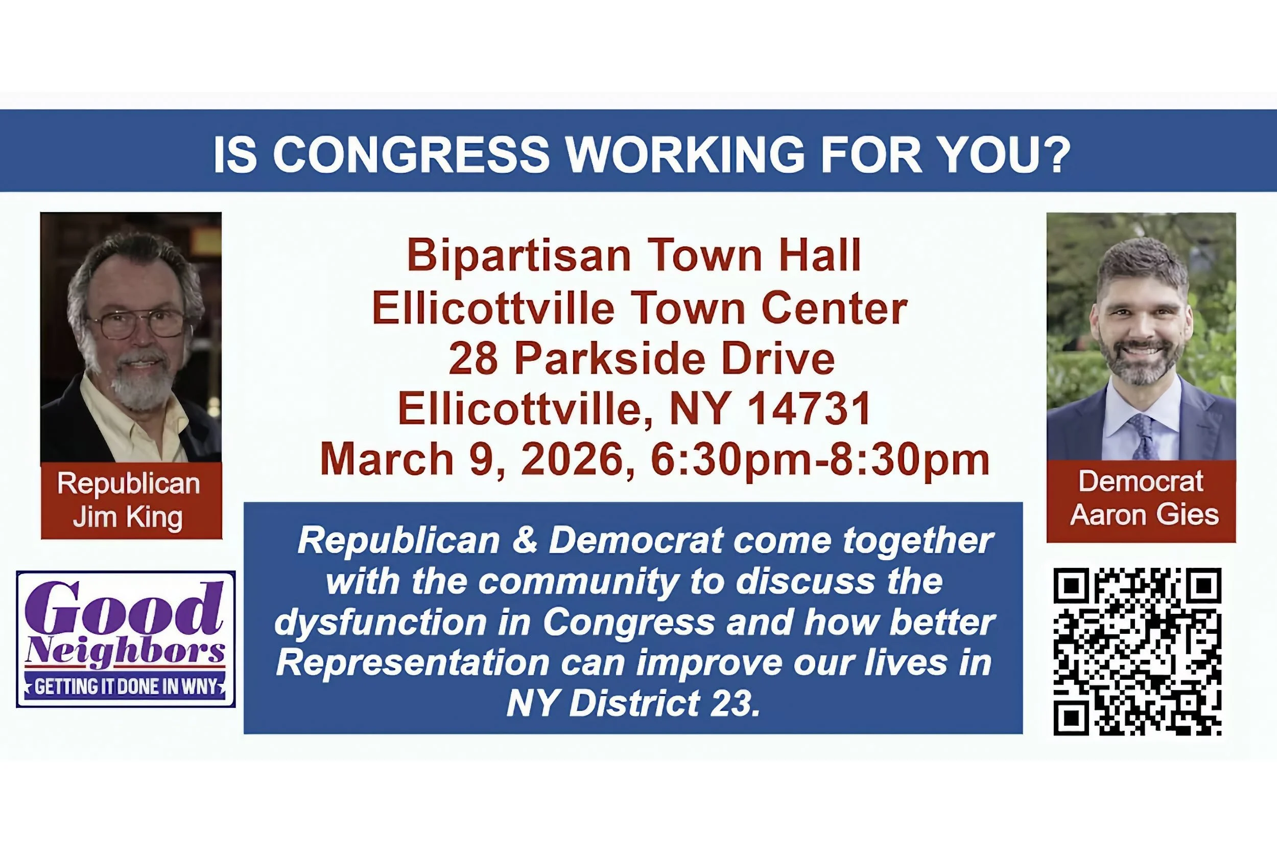 Bipartisan town hall event flyer with photos of Republican Jim King and Democrat Aaron Gies, event details, date, time, location, and QR code for NY District 23.