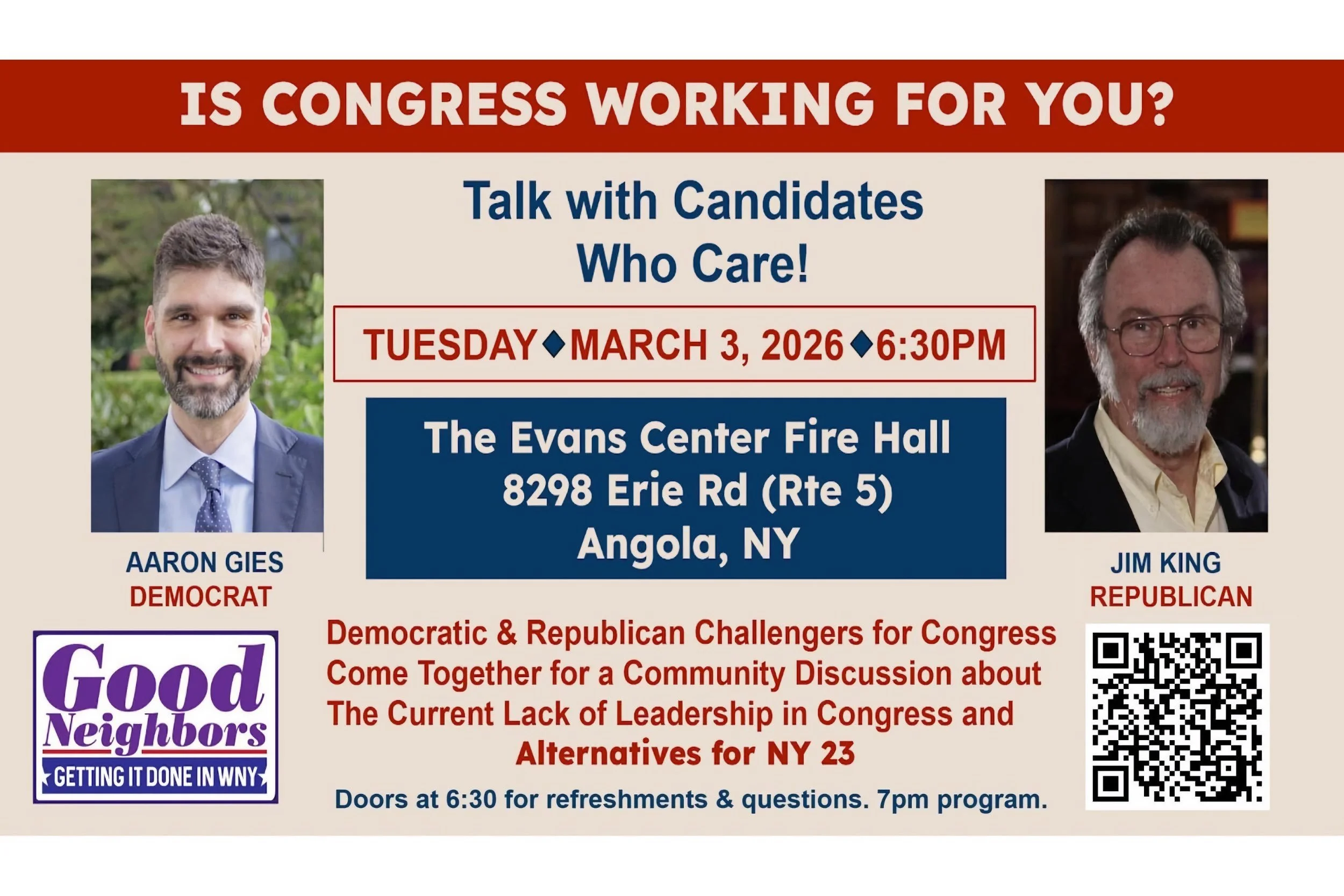 Flyer for a community event on March 3, 2026, with congressional candidates Aaron Gies and Jim King, detailing location, time, and discussion topics for NY 23 in Angola, NY.
